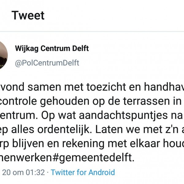 Bij deze even een positief bericht de horeca in Delft. Blijf ons vooral bezoeken, want we hebben het hard nodig. In de horeca kan je veilig met je vrienden en familie uit eten. Wij helpen je herinneren aan de 1,5 meter als de gezelligheid toeneemt. Dat lu